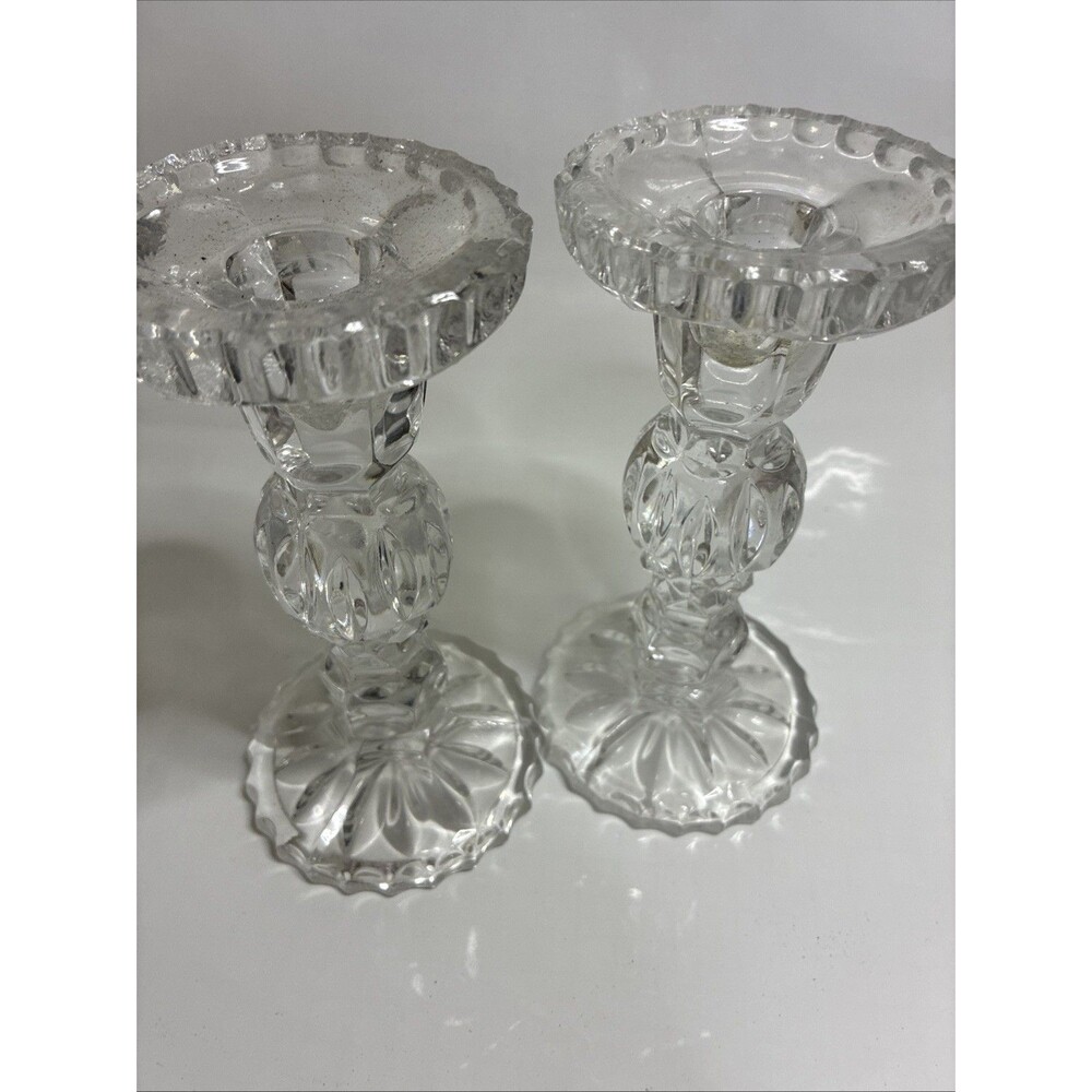 PAIR Vintage Clear Glass Candle Stick Holders 7.5" EUC